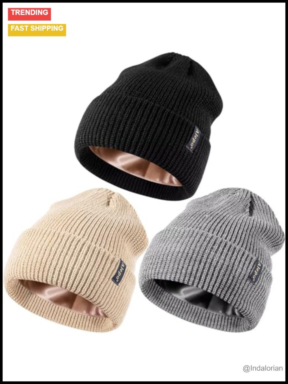Satin Lined Cable Knit Beanie Winter Hat Skull Cap 3 Pack